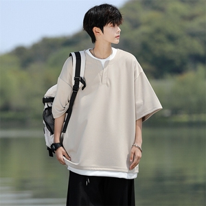 8XL-M重磅斜纹假两件短袖t恤男夏季薄款宽松大码半袖体恤DT006P45图片