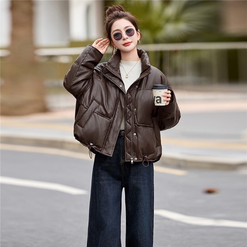 pu皮短款羽绒服女冬季2025新款小个子今年流行款加厚保暖外套立领,女装羽绒服,依万里