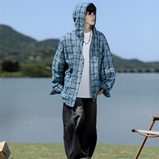 廓形防晒衬衫男夏季长袖冰丝薄款亚麻格子衬衣开衫外套CS29006P48，男装衬衫，电商B312
