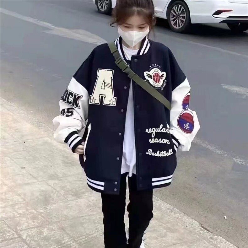 1506-1/JA141/P73街头棒球服女春秋新款毛巾绣飞行员夹克百搭时间图片