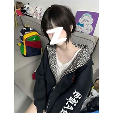 1605-1/W90421/P55美式潮牌梵文印花豹纹连帽卫衣外套女秋冬新，女装短外套，星座1506