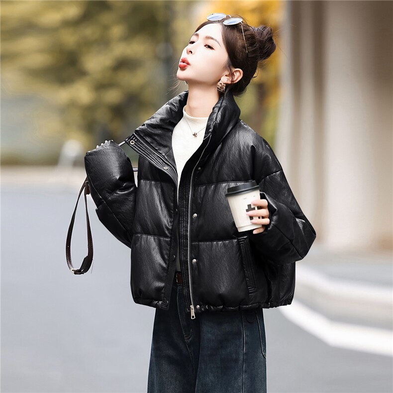 美拉德pu皮羽绒服女短款冬季新款免洗立领小个子加厚白鸭绒外套,女装羽绒服,意芙