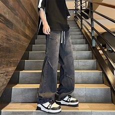 黑色牛仔裤男冬季美式高街复古阔腿裤秋冬款宽松直筒2026新款裤子，男装牛仔裤，星座1210-1