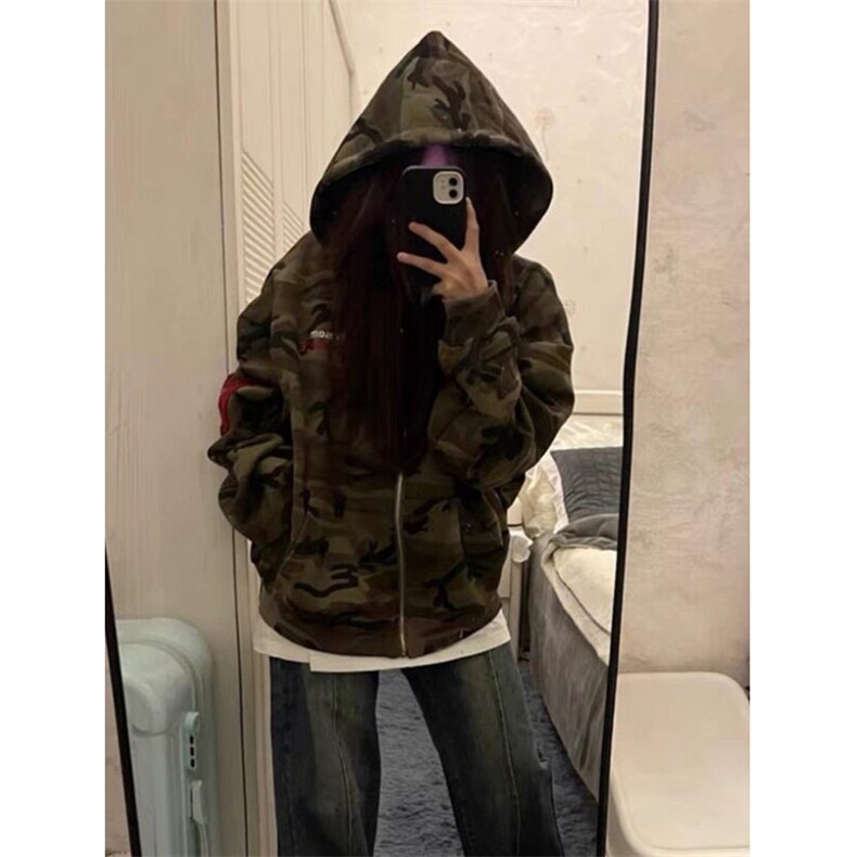 迷彩连帽卫衣外套女秋季刺绣拉链开衫重磅宽松情侣上衣W226,女装短外套,星座1116A（原606A-3）