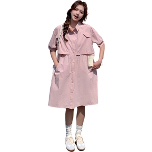 夏季韩系减龄甜美收腰显瘦中长款衬衫裙粉色泡泡袖假两件连衣裙女图片