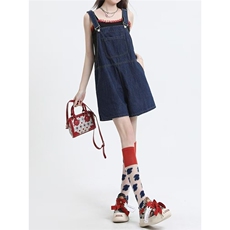 深蓝色复古牛仔背带短裤女2025夏季新款宽松阔腿小个子显瘦连体裤，女装牛仔裤，星座1210-1