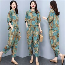 休闲时尚套装女夏装2022新款洋气减龄宽松显瘦印花两件套，女装套装/套裙，千千佰惠