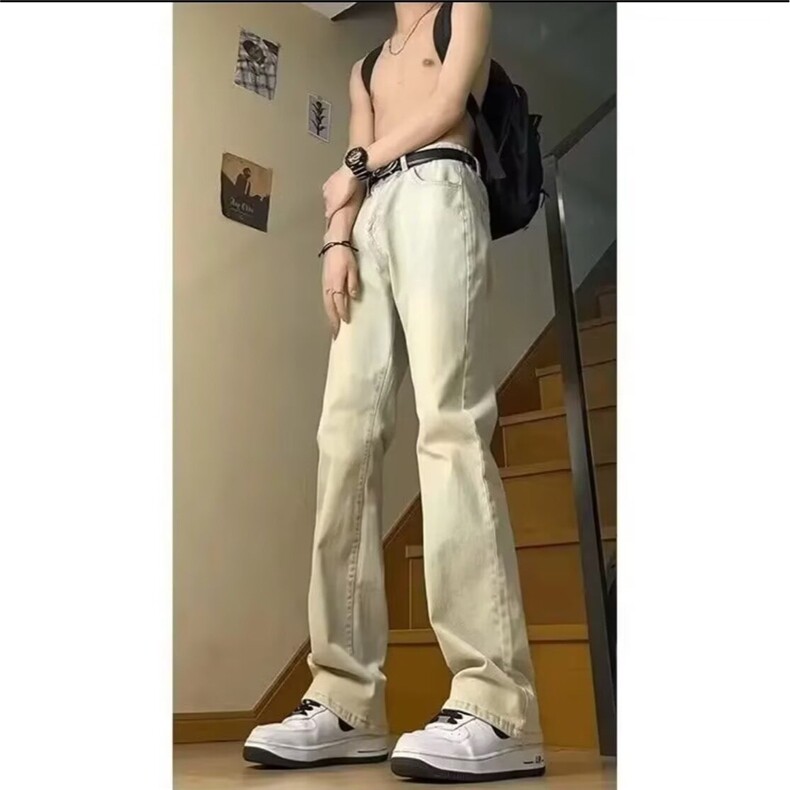 蓝色美式直筒微喇牛仔裤男cleanfit修身显瘦高街喇叭vibe裤子长裤,男装牛仔裤,星座506A