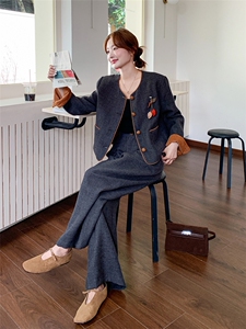 法式复古撞色外套阔腿裤套装女2025秋季新款高级感轻熟显瘦两件套图片