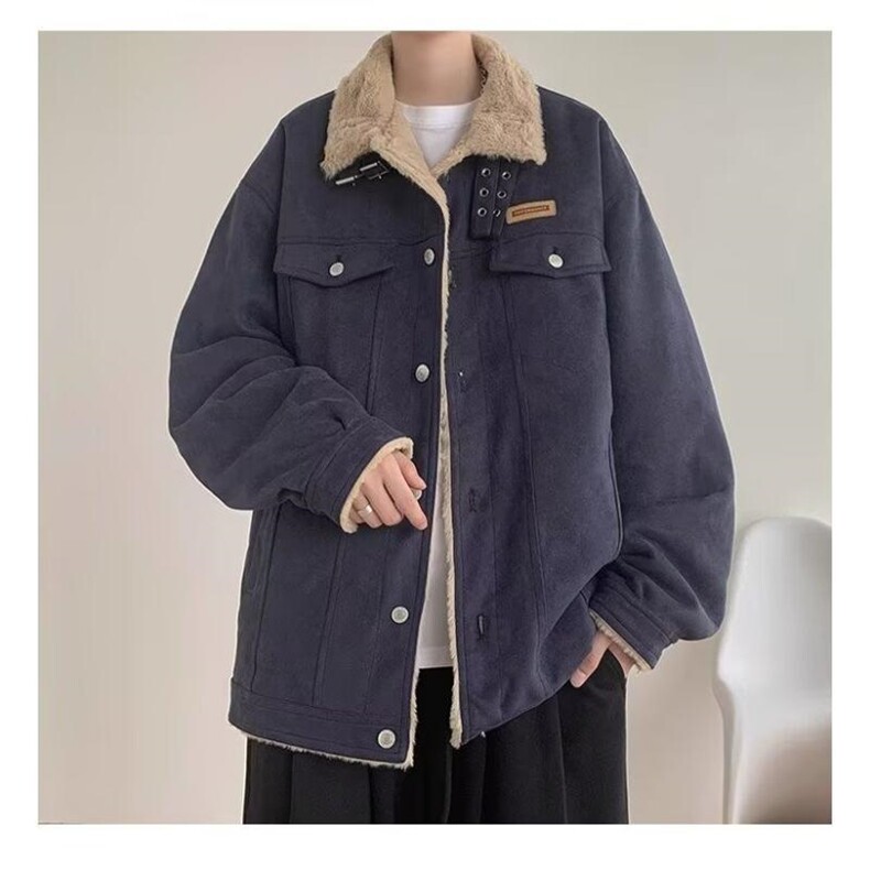 现货鹿皮绒加绒棉服羊羔毛外套男冬季加绒保暖工装棉衣冬装棉服潮,男装棉衣,星座302B-3