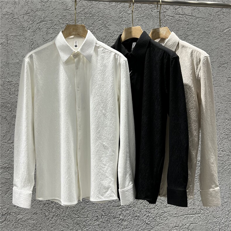 法式大尖领衬衣男长袖菱形格高品质提花衬衫白色C9921-P63,男装衬衫,电商A213