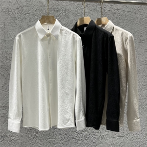 法式大尖领衬衣男长袖菱形格高品质提花衬衫白色C9921-P63图片