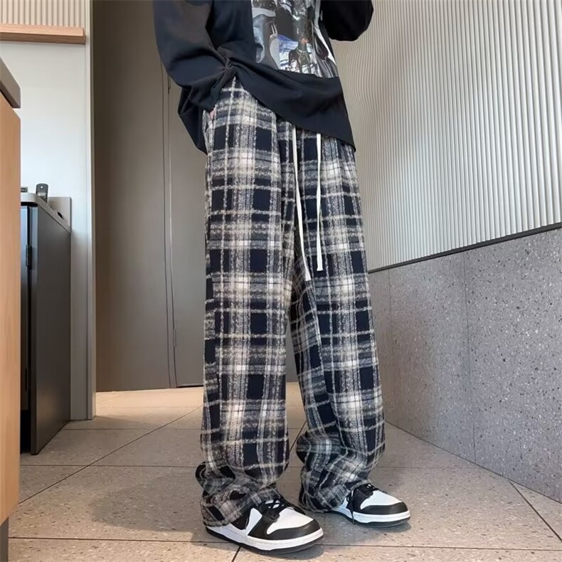 格子裤男女秋冬季棉裤高腰垂感休闲直筒拖地毛呢窄版阔腿裤P42,男装休闲裤,四季星座218-1