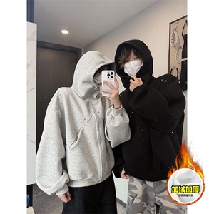 480G重磅加绒硬挺boxy 男女秋冬美式高街卫衣铆钉拼接开衫厚外套图片