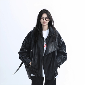 美式复古重磅黑色PU皮衣外套女设计感宽松机车服夹克~PY1211图片