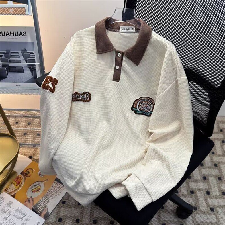 美式复古华夫格长袖polo衫卫衣男士潮牌街头宽松休闲情侣上衣,男装T恤,星座1013