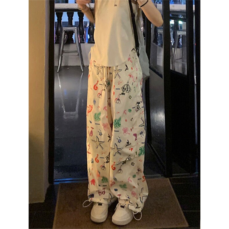 AK2411-p45美式复古hiphop趣味涂鸦满印工装裤子女宽松束脚长裤,女装休闲裤,星座617A-2