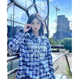 美式复古潮牌字母刺绣格子衬衫春秋薄款男女oversize休闲衬衣外套图片