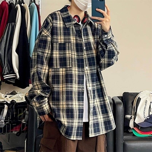特批P30无差价2025秋格子翻领长袖衬衫男女中性潮流大码衬衣C5450图片