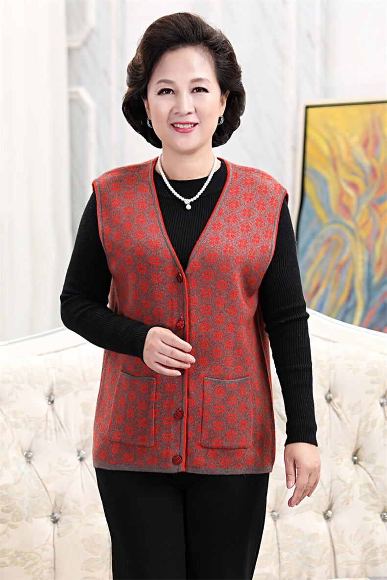 中老年妈妈装针织坎肩秋冬背心毛衣开衫男女情侣马甲短袖加厚开襟,女装中老年女装,亚东羊绒制品