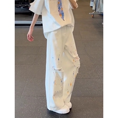 美式vibe泼墨破洞牛仔裤男夏季高街潮牌涂鸦宽松直筒裤痞帅休闲裤，男装牛仔裤，星座1018A