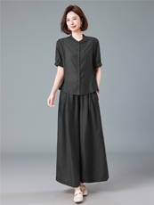 现货2026夏季新款莱赛尔提花腰间系带遮肚子洋气减龄阔腿两件套，女装套装/套裙，深水步