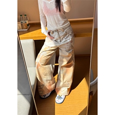 美式复古设计感牛仔裤夏季橘子汽水多巴胺阔腿拖地长裤GA195-P62，男装牛仔裤，星座208-5