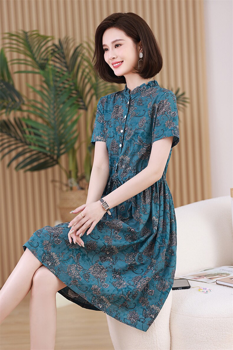 棉麻碎花连衣裙女夏季2025新款高贵气质洋气妈妈收腰显瘦中长裙子,女装连衣裙,凝聚力