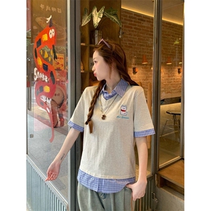 H0713-P45短袖t恤夏2026新款假两件卡通刺绣翻领上衣韩版女装图片