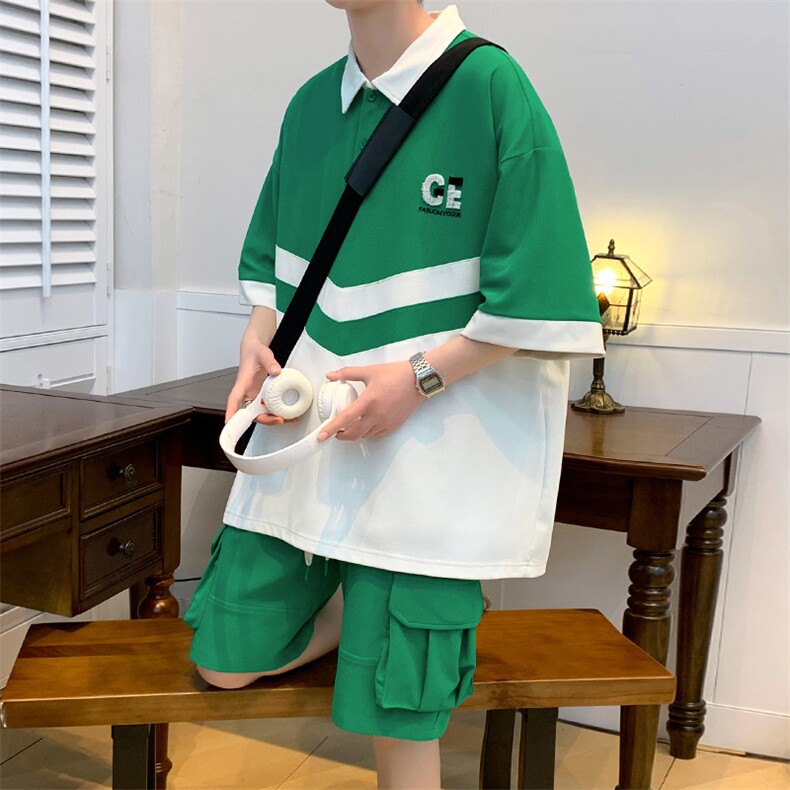 2023夏上新撞色拼接半袖套装刺绣印花Polo衫男女6628-P70控价98，男装Polo衫，电商A441-1