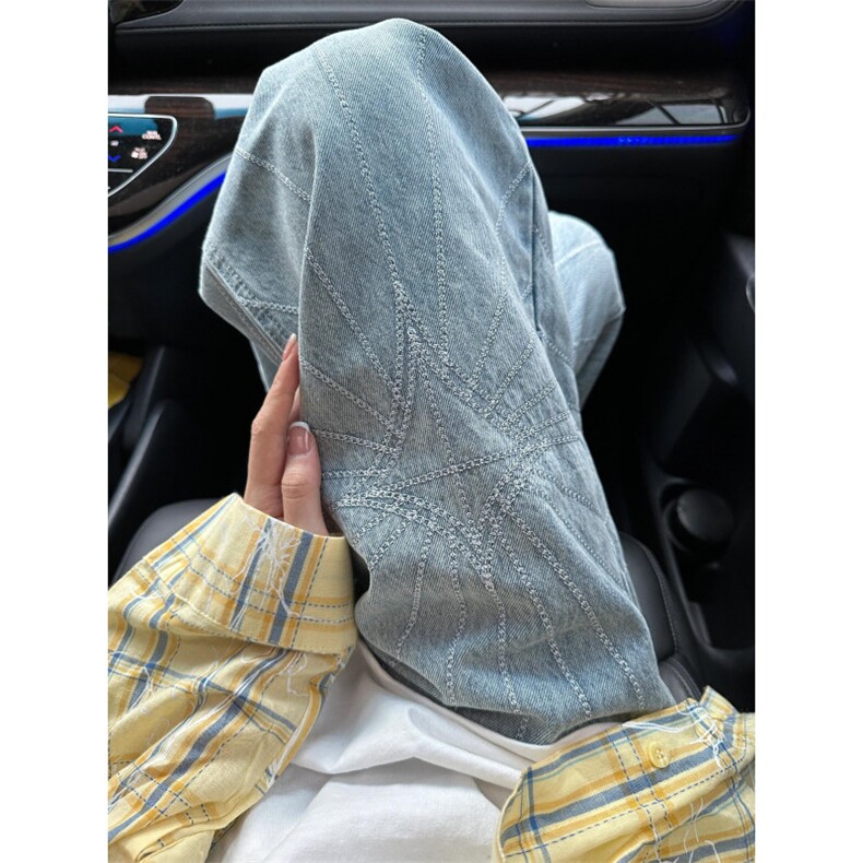 水洗软牛仔废土刺绣阔腿牛仔裤男夏季中性风直筒长裤N110,男装牛仔裤,星座1116A（原606A-3）