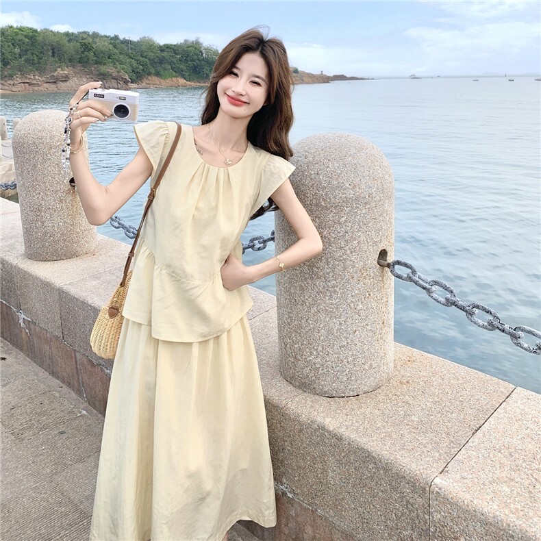 假两件清冷感纯色连衣裙女装夏季新中式无袖背心法式浪漫修身,女装连衣裙,维壹