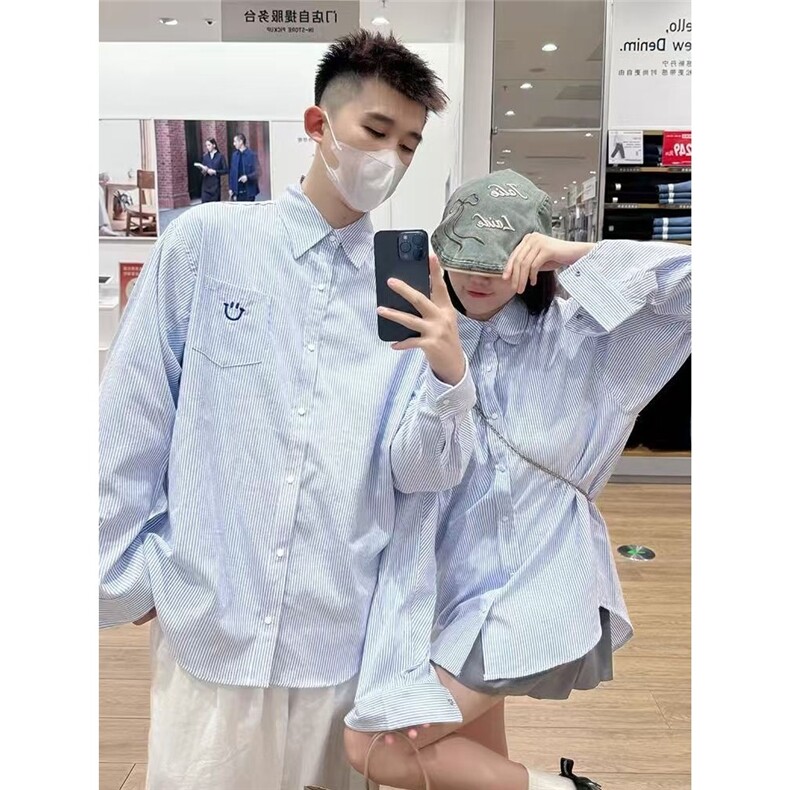 新款春秋情侣款刺绣笑脸条纹衬衫长袖外套宽松学院风休闲百搭衬衣，男装衬衫，星座1210-1