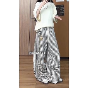 网图有货 夏季星星挂饰蓝色格子慵懒休闲垂感直筒裤男女 A676-P45图片
