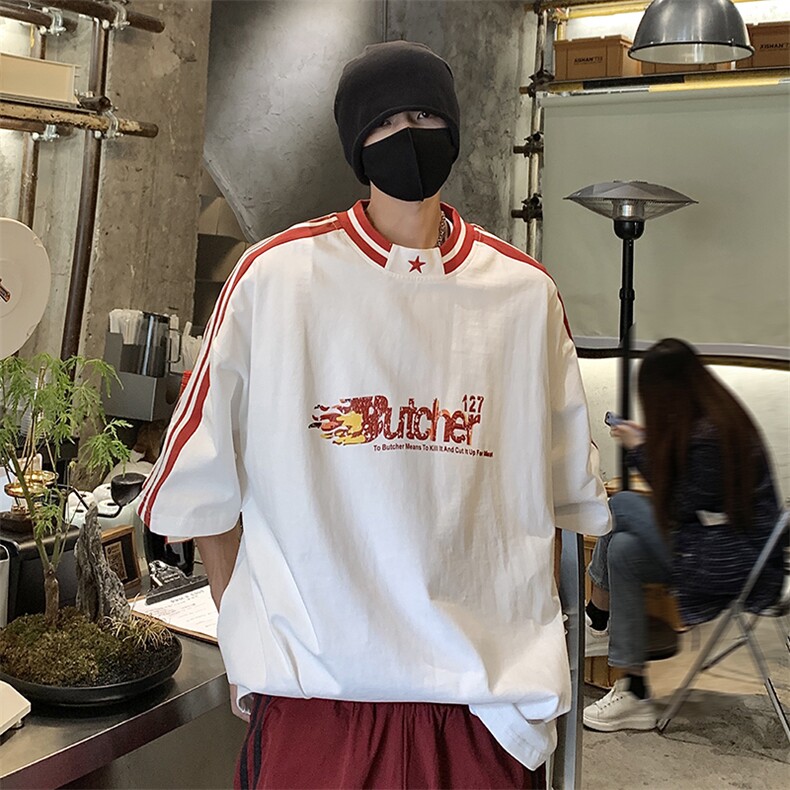港风五角星刺绣拼接立体印花T恤短袖五分半袖打底衫XT04-P50控68图片