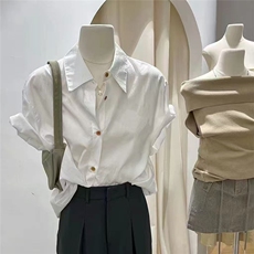 蓝色纯棉短袖衬衫女夏季新款小个子韩版宽松休闲百搭衬衣，男装衬衫，星座1210-1