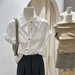 蓝色纯棉短袖衬衫女夏季新款小个子韩版宽松休闲百搭衬衣图片