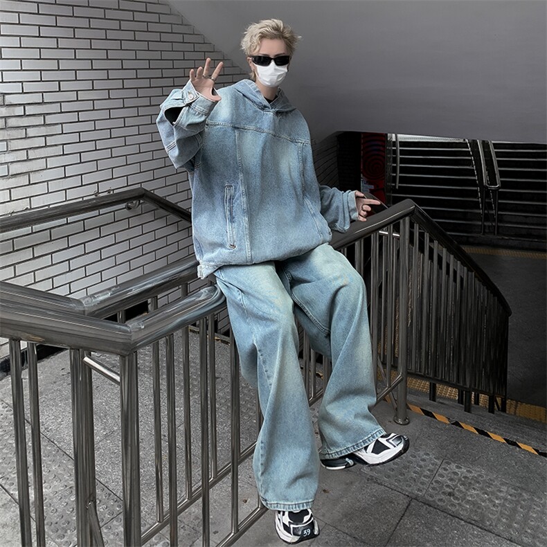 牛仔卫衣套装男秋季复古工装休闲夹克ins潮牌上衣TZ10-P110,男装休闲套装,星座308B-1