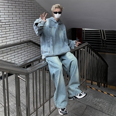 牛仔卫衣套装男秋季复古工装休闲夹克ins潮牌上衣TZ10-P110，男装休闲套装，星座308B-1