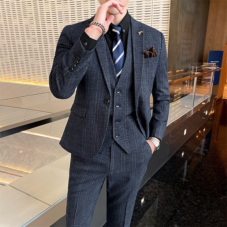2025新款男士格子商务休闲三件套装西服2217-P220，男装西服，星座311B