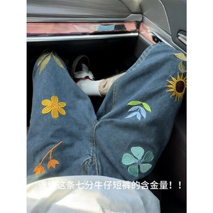B221 美式ins高街宽松花朵刺绣七分牛仔裤短裤 LK25536-特P45控78图片