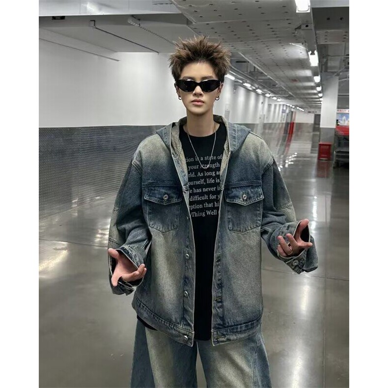 水洗做旧解析拉链连帽牛仔外套男女高街痞帅夹克外套GA8869P92,男装工装外套,星座1013-5