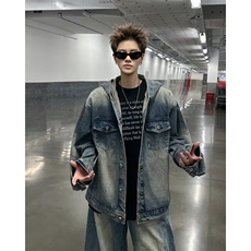 水洗做旧解析拉链连帽牛仔外套男女高街痞帅夹克外套GA8869P92，男装工装外套，星座1013-5