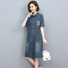 2022夏季新款时尚气质翻领收腰显瘦休闲舒适牛仔连衣裙，女装牛仔裙，忆绮罗