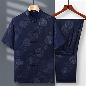 唐装男中老年短袖夏季薄款风爸爸套装绸男装图片