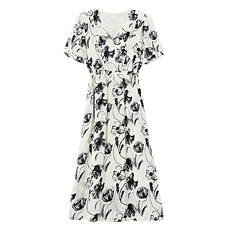 2026夏季新款法式V领水墨印花连衣裙收腰显瘦泡泡袖茶歇裙中长款，女装连衣裙，艾米