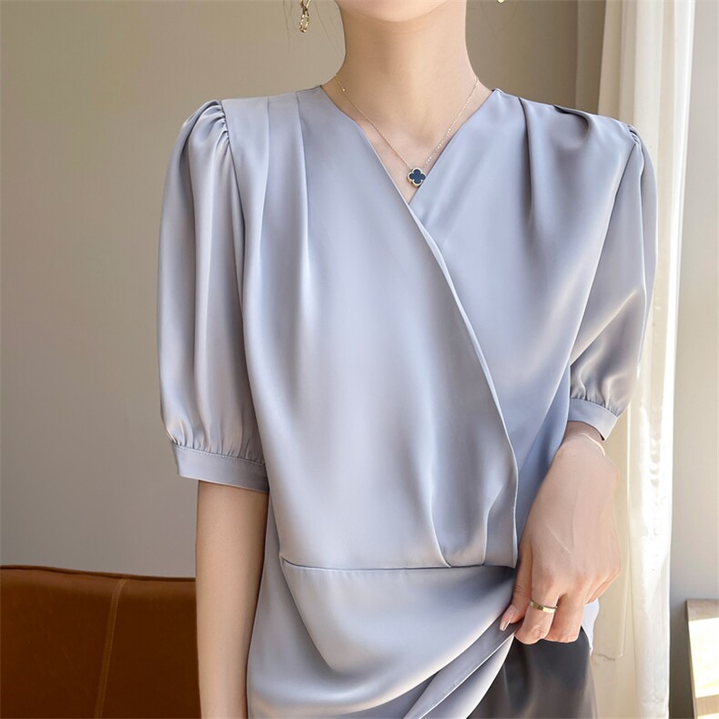 交叉v领衬衫女高级感御姐风2025夏季新款缎面衬衣职业长袖上衣，女装衬衫，素语电商供货