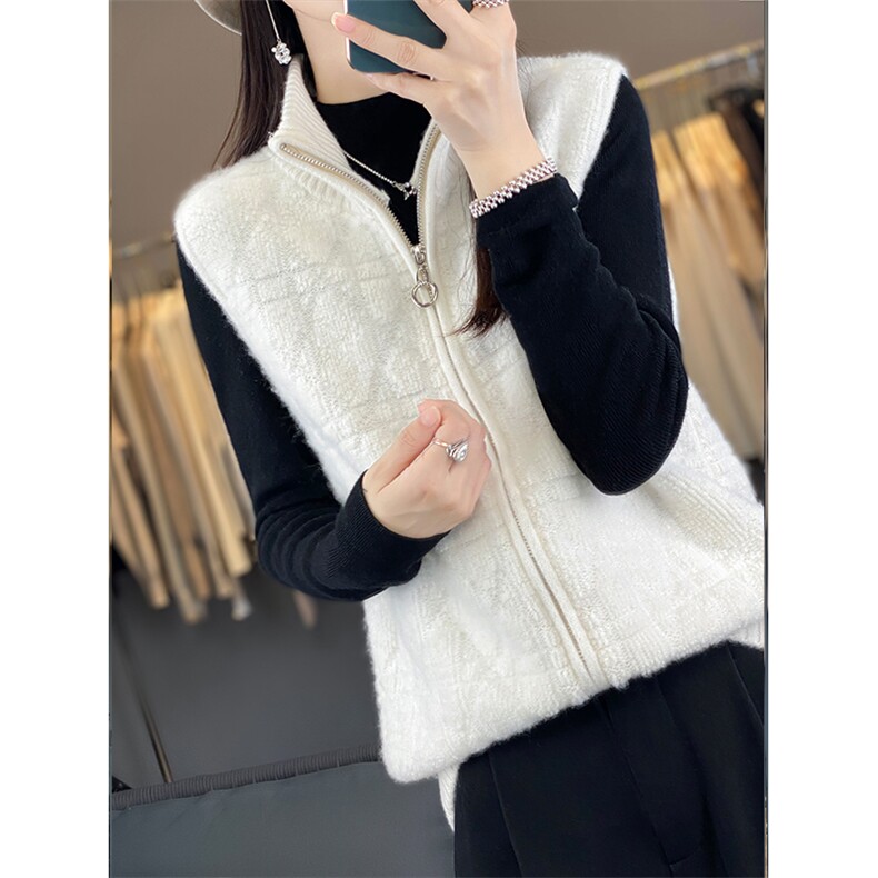 秋冬高领拉链纯羊毛马甲坎肩女毛巾绣提花毛衣背心宽松羊绒衫开衫，女装马甲，美雪羊绒