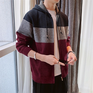  男士毛衣开衫连帽百搭加绒加厚拼色青少年秋冬外套8029图片