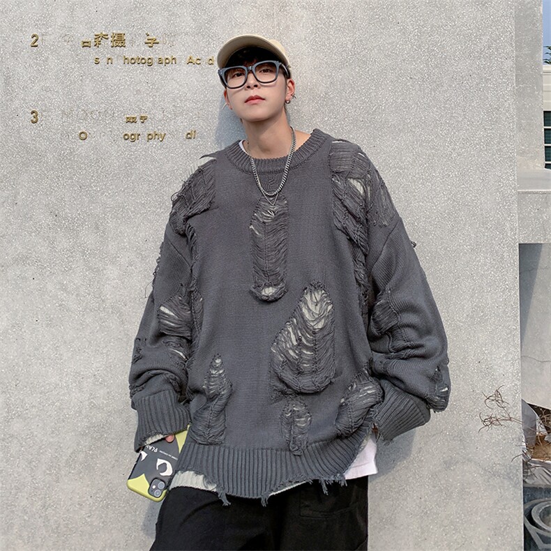 MY157-P38美式假两件破洞宽松型毛衣,男装针织衫/毛衣,星座1501-1
